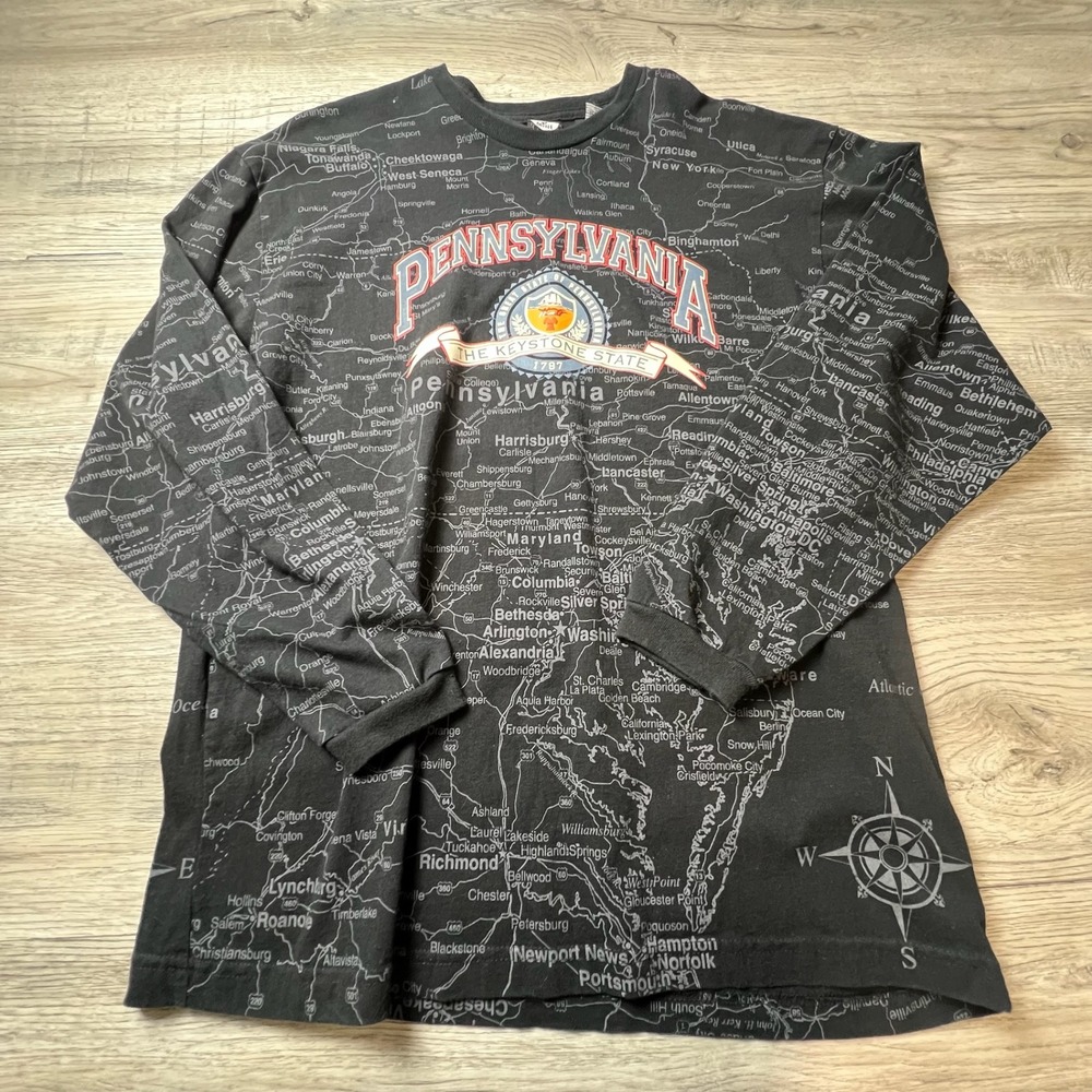 State of Mine Pennsylvania Shirt Mens XL Black Long Sleeve All Over Print Map